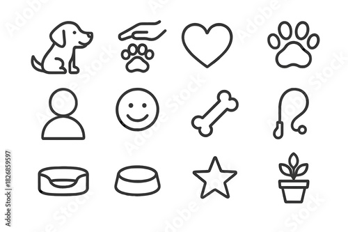 Pet Therapy Icons. Pet therapy. Line icon set of pet therapy: dog, hand petting, heart, paw print, person, smile, bone, leash, bed, bowl, star, plant. All
