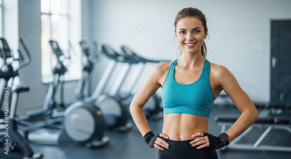 Fototapeta premium Fit young woman with a radiant smile stands confidently in a modern gym, embodying wellness, strength, and an active, healthy lifestyle