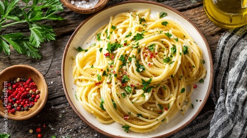 Freshly Prepared Spaghetti Alio Olio with Parsley and Chili Flakes on Rustic Wooden Table Setting