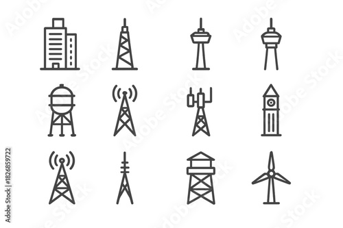 Tower Icon Set. Multi-use tower icons. Line icon set of Multi-use tower icons: mixed-use high-rise, office skyscraper, communication tower, observation tower,