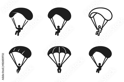 Paragliding Logo Variations. Paragliding. Icon set. Set Logo of Paragliding: pilot silhouette under parachute. harmonious logo variations of the same