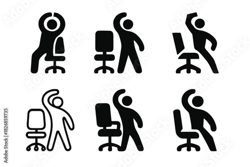 Stretch Break Icons. Taking a break from work to stretch. Icon set. Set Logo of Taking a break from work to stretch: office chair with stretching figure behind