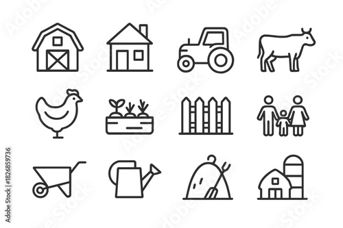 Farm Family Icons. Agricultural family activities. Line icon set of Agricultural family activities: barn, farmhouse, tractor, cow, chicken, vegetable garden,