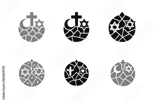 Religion and Culture Icons. The role of religion in shaping cultures. Icon set. Set Logo of religion and culture: cultural mosaic of belief. harmonious logo