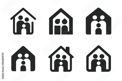 Family Memory Icons. Building family memories. Icon set. Set Logo of Building family memories: home silhouette with family inside. harmonious logo variations