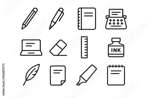 Creative Writing Icons. Creative Writing Tools. Line icon set of Creative Writing Tools: pencil, pen, notebook, typewriter, laptop, eraser, ruler, ink bottle,