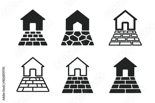 Stone Walkway Logos. Building a front walkway with stone. Icon set. Set Logo of building a front walkway with stone: geometric pattern of cobblestones.