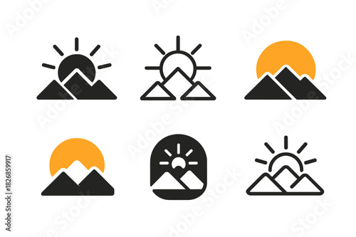 Outdoor Yoga Logos. outdoor yoga meetups. Icon set. Set Logo of outdoor yoga meetups: sunrise over mountain. harmonious logo variations of the same emblematic