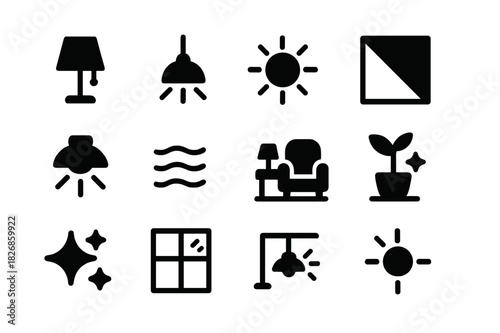 Ambient Lighting Icons. Ambient lighting. Solid icon set of Ambient lighting: lamp, pendant light, sun, soft shadows, shaded area, ceiling light, reflection,