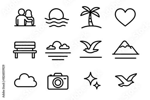 Sunset Icon Serenade. Couple watching the sunset on a peaceful evening. Line icon set of couple watching the sunset on a peaceful evening: couple silhouette,