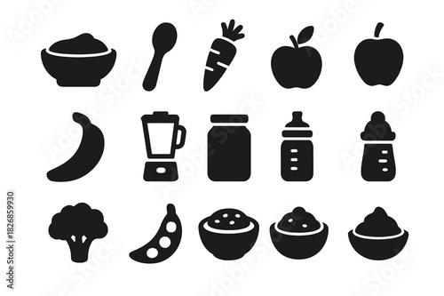 Homemade Baby Food Icons. Homemade baby food. Solid icon set of Homemade baby food: baby bowl, spoon, carrot, apple, banana, blender, jar, bottle, broccoli,