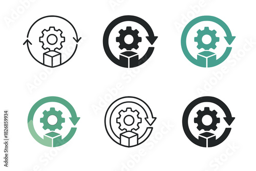 Circular Economy Icons. Circular economy principles in manufacturing. Icon set. Set Logo of circular economy in manufacturing: product lifecycle