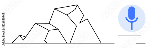 Abstract geometric mountains with a microphone icon representing voice recognition. Ideal for innovation, voice commands, AI technology, communication, recording, creativity, and simplicity. Simple