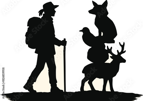 Pathfinder's Quest: A silhouette of a hiker embarking on a wilderness adventure, accompanied by a symbolic stack of nature's icons.