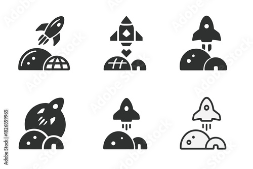 Space Colonization Logos. Space exploration and planetary colonization. Icon set. Set Logo of space exploration and planetary colonization: interplanetary