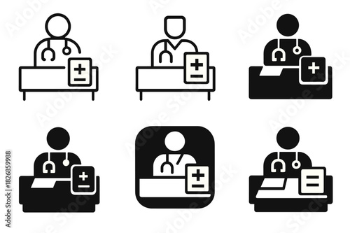 Hospital Desk Logo Variations. Doctor working at a hospital desk. Icon set. Set Logo of doctor working at a hospital desk: clipboard and prescription pad.