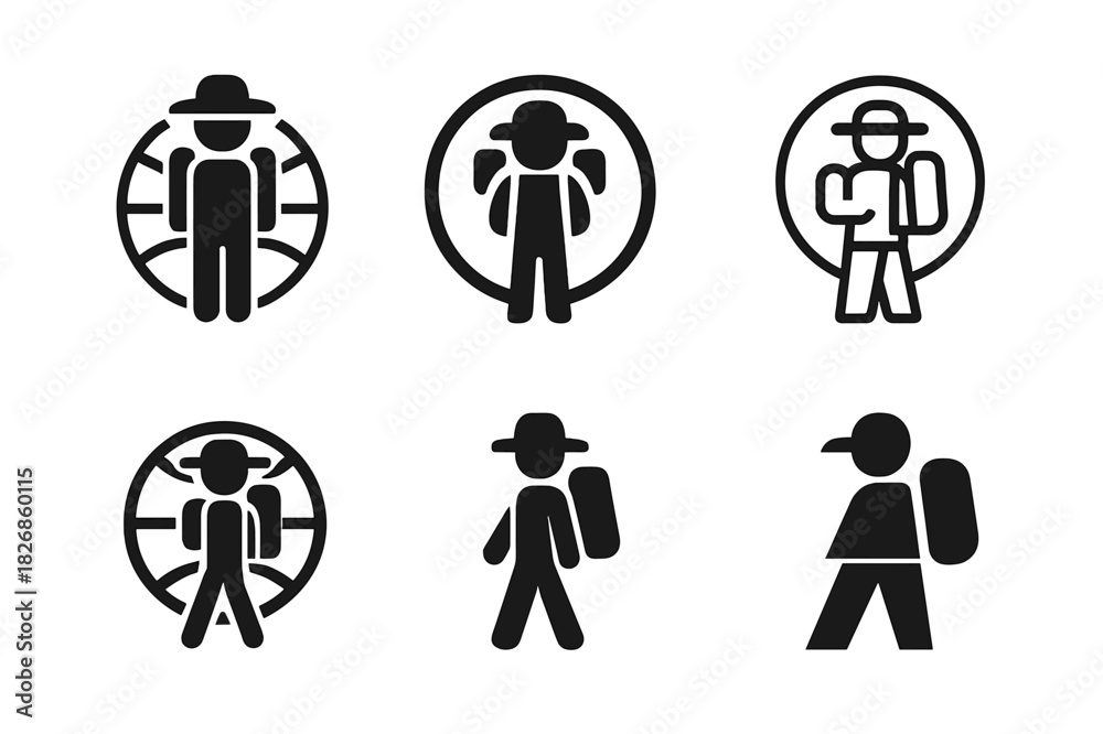 Fototapeta premium Traveler Logo Variations. Traveler. Icon set. Set Logo of traveler: world exploration badge. harmonious logo variations of the same emblematic concept, each