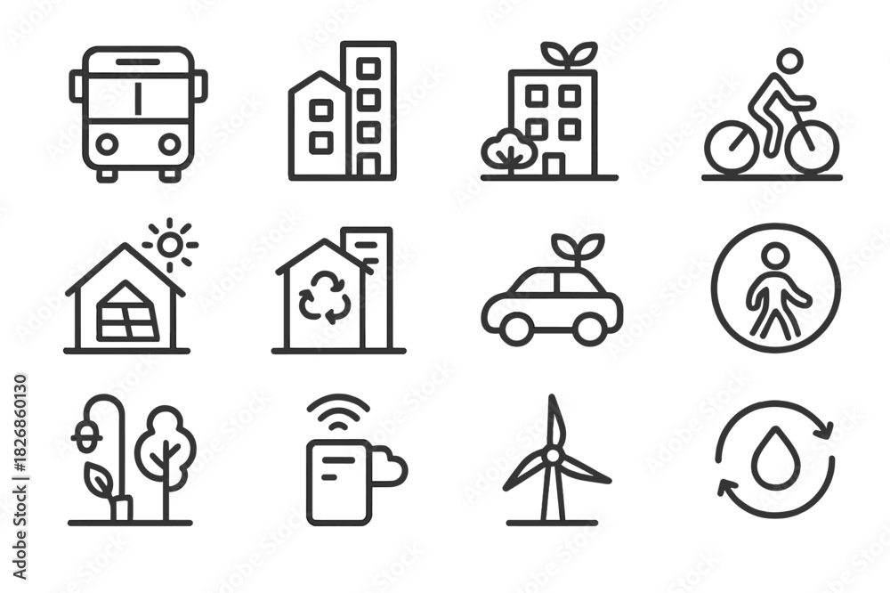 Fototapeta premium Sustainable Urban Icons. Urban sustainability. Line icon set of urban sustainability: public transit, green building, rooftop garden, bike lane, solar roof,