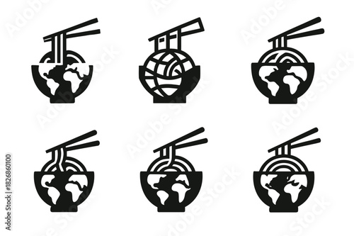 International Food Icons. International street food and snacks. Icon set. Set Logo of International street food and snacks: bowl of noodles with chopsticks and