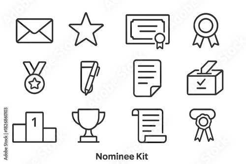 Nominee Kit Icons. Nominee Envelope. Line icon set of Nominee Envelope: envelope, award certificate, ribbon, star, document, seal, pen, paperclip, ballot,