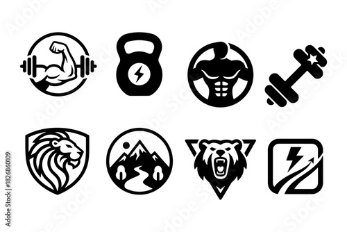 Collection of Fitness and Strength Icons Featuring Muscles Lion