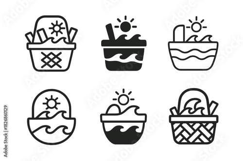 Beach Vacation Icons. Family vacation at the beach. Icon set. Set Logo of family vacation at the beach: picnic basket with sea breeze. harmonious