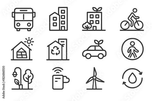 Sustainable Urban Icons. Urban sustainability. Line icon set of urban sustainability: public transit, green building, rooftop garden, bike lane, solar roof,