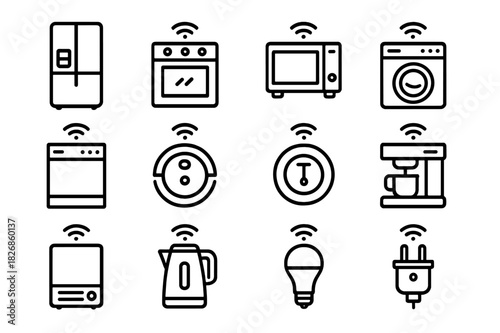 Smart Home Icons. Smart Appliances. Line icon set of Smart Appliances: smart fridge, smart oven, smart microwave, smart washing machine, smart dishwasher,