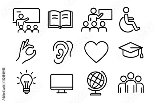 Inclusive Education Icons. Inclusive education. Line icon set of inclusive education: classroom, open book, teacher, group of students, wheelchair icon, sign