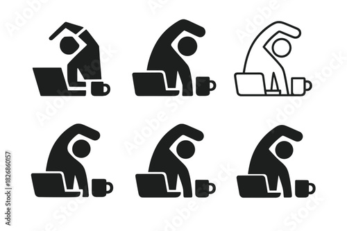 Stretch Break Logo. Taking a break from work to stretch. Icon set. Set Logo of Taking a break from work to stretch: person stretching beside laptop and coffee
