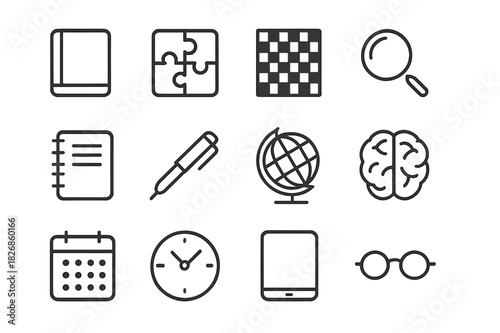 Memory Tools Icons. Memory and learning. Line icon set of Memory and learning: book, puzzle, chess board, magnifying glass, notebook, pen, globe, brain,