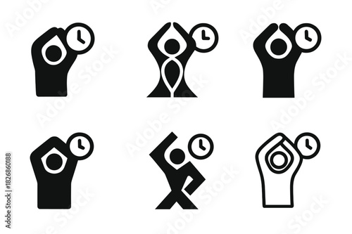 Stretch Break Logos. Taking a break from work to stretch. Icon set. Set Logo of Taking a break from work to stretch: stretch timer or reminder