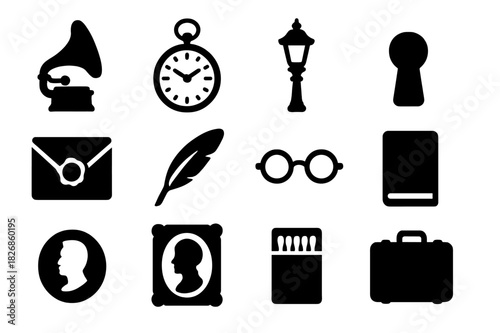 Vintage Icon Collection. Old Times. Solid icon set of Old Times: gramophone, vintage clock, street lamp, keyhole, letter wax seal, feather quill, spectacles,