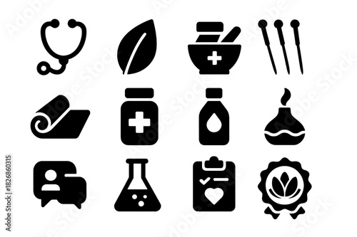 Integrative Medicine Icons. Integrative Medicine. Solid icon set of Integrative Medicine: stethoscope, leaf icon, mortar and pestle, acupuncture needles, yoga