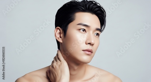 Closeup portrait of a handsome young asian man with dark, slickedback hair touching his neck against a light gray background