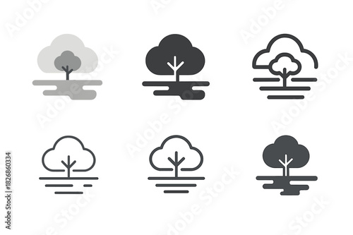 Morning Fog Logos. Morning Fog. Icon set. Set Logo of morning fog: lone tree in fog. harmonious logo variations of the same emblematic concept, each with