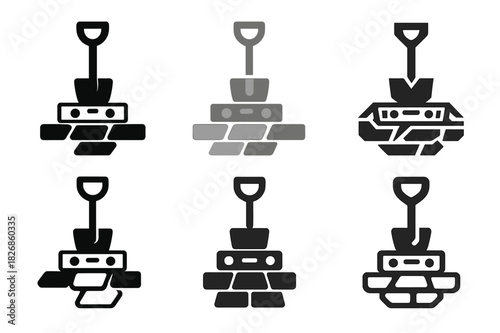 Stone Walkway Logos. Building a front walkway with stone. Icon set. Set Logo of building a front walkway with stone: shovel and level tool over pavers.