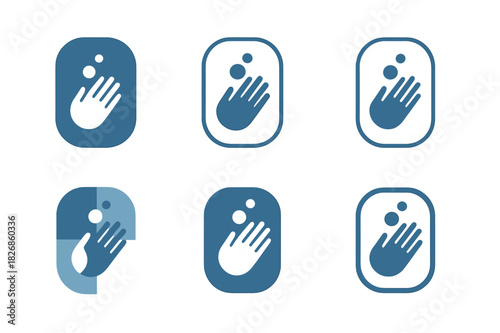 Soap Bar Logos. Hand soap bar. Icon set. Set Logo of hand soap bar: soap bar with hand washing symbol. harmonious logo variations of the same emblematic