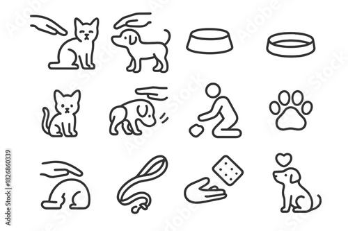 Petting Street Animals Icons. Petting street animals. Line icon set of petting street animals: hand reaching to cat, dog wagging tail, feeding bowl, street
