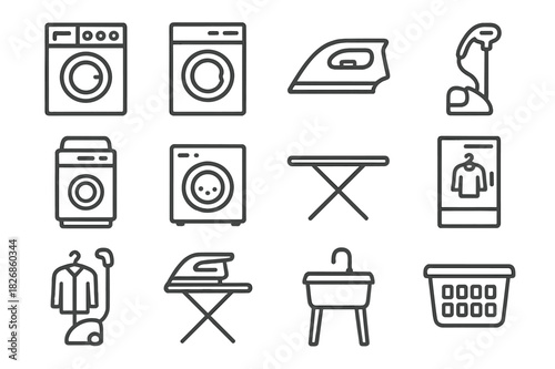 Laundry Icon Set. Folding Laundry. Line icon set of Folding Laundry: t-shirt, pants, socks, towel, laundry basket, hanger, ironing board, folded stack, washing