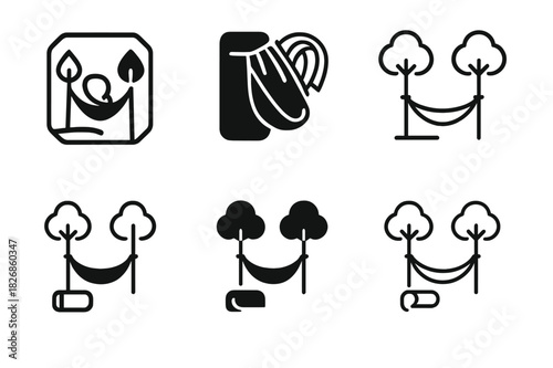 Hammock Setup Icons. Setting up a hammock. Icon set. Set Logo of setting up a hammock: folded hammock being unpacked. harmonious logo variations of the same