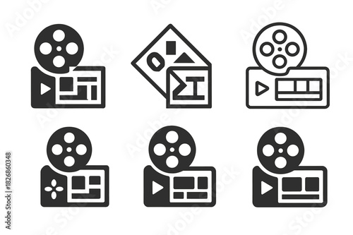 Film Reel Icons. Behind-the-Scenes Content Tips. Icon set. Set Logo of video editing: film reel and timeline interface. harmonious logo variations of the same