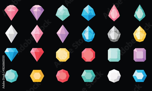 A modern flat vector illustration set of colorful gemstone and diamond icons featuring faceted crystal shapes in multiple colors. Perfect for jewelry branding, game assets, UI design, luxury themes, m
