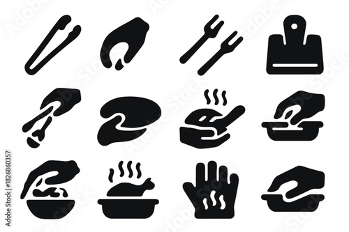 Grip Handling Icons. Grip and handling. Solid icon set of Grip and handling: tongs, hand icon, forked tip, clip, food item, serving, plate, bowl, salad, meat,