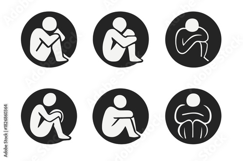 Emotional Pain Icons. Emotional Pain. Icon set. Set Logo of Emotional Pain: person hugging knees in dark circle. harmonious logo variations of the same
