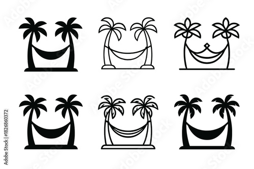 Hammock Icon Variations. Setting up a hammock. Icon set. Set Logo of setting up a hammock: hammock between palm trees. harmonious logo variations of the same