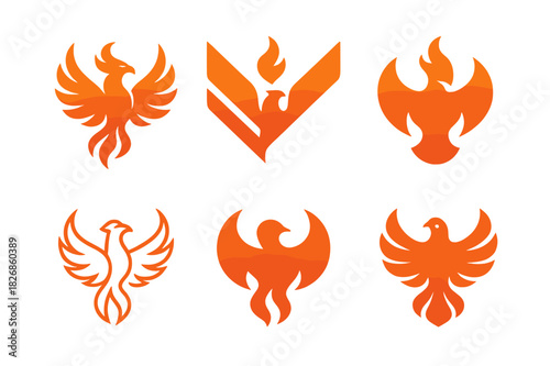 Phoenix Logo Variations. regeneration. Icon set. Set Logo of regeneration: phoenix rising in abstract style. harmonious logo variations of the same emblematic