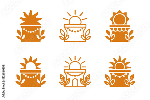 Summer Solstice Logos. summer solstice celebration and decor ideas. Icon set. Set Logo of summer solstice celebration and decor ideas: decorated sun altar.