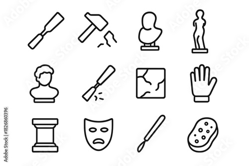 Sculpture Icon Set. Sculpture. Line icon set of sculpture: chisel, hammer, clay block, statue, bust, carving tool, marble base, artist glove, plinth, mask,