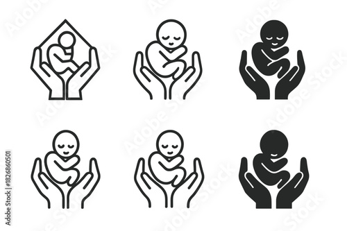 Harmonious Childbirth Logos. childbirth. Icon set. Set Logo of childbirth: parent hands holding baby. harmonious logo variations of the same emblematic